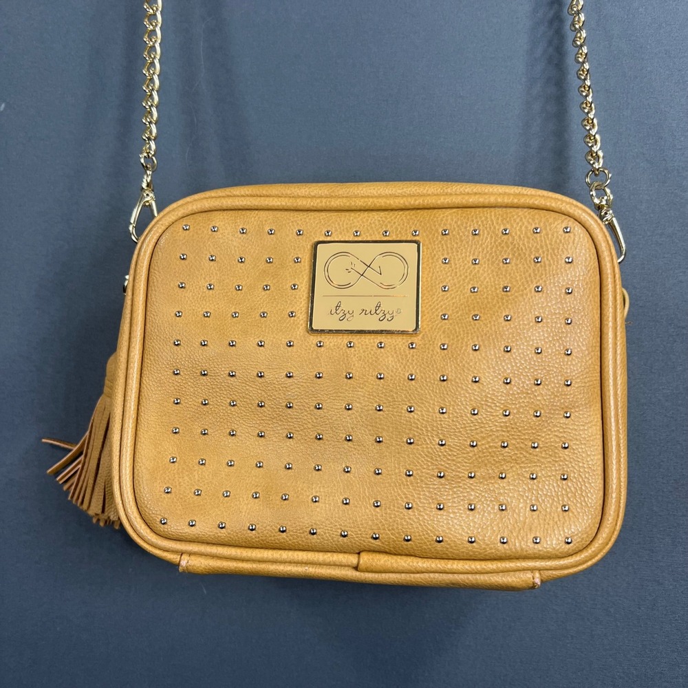 Itzy Ritzy Mustard Yellow Studded Crossbody Bag Tassel Camera Bag Gold Chain - Picture 3 of 16